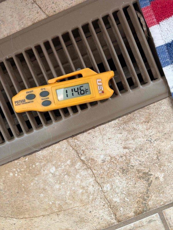 Performed annual maintenance visit on NSSU system installed 7/15/25. Replaced 16x25x5 Pure Air filters. Temperature readings at supply register measured 114.6°F, confirming proper system operation. System not due for renewal at this time.