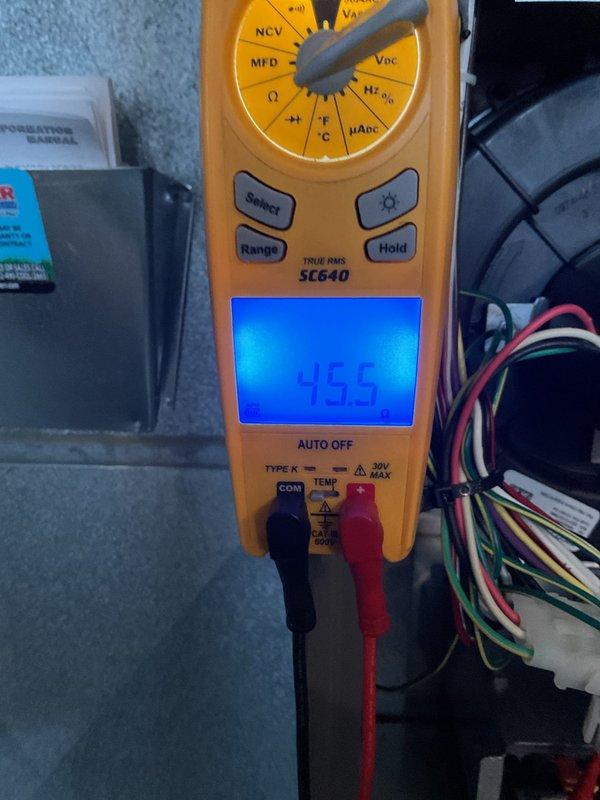 Completed Platinum Level maintenance on two HVAC systems. Replaced 20x25x5 filter during first visit of annual maintenance plan. Performed comprehensive electrical diagnostic testing with Fieldpiece TRUE RMS multimeter, confirming proper voltage readings of 45.5V. Inspected blower motor assembly, circuit board connections, and ventilation components - all systems functioning within normal parameters.