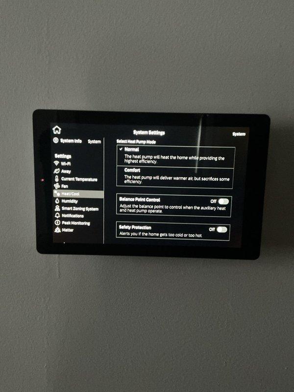 Responded to follow-up service call for error code 31 with system continuously running. Inspected control board connections and wiring integrity. Accessed thermostat system settings menu and adjusted heat pump mode parameters, verifying proper configuration of balance point control and safety protection settings to resolve the operational issue.
