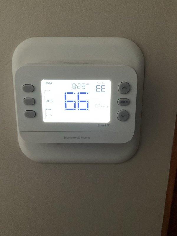 Completed monthly Platinum Level maintenance on 6-year-old HVAC system. Replaced 16x25x5 filter and performed diagnostic testing on electrical components using probe tool. Verified thermostat functionality with temperature set at 66°F and confirmed proper system operation.