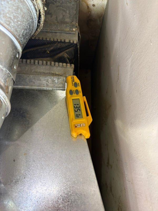 Completed annual planned maintenance on HVAC system installed 6/2/25. Performed comprehensive temperature diagnostics, measuring supply air temperature (135.6°F) and return air temperature at evaporator coil (66.3°F), confirming proper thermal differential. Inspected and verified all components functioning within normal operating parameters.