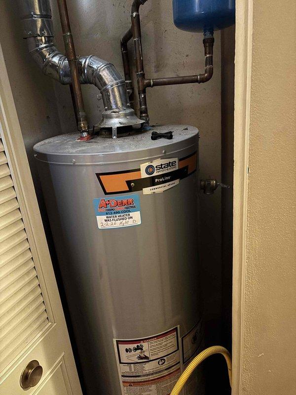 Performed scheduled maintenance flush on State ProLine tanked water heater to remove sediment buildup and improve efficiency. Inspected associated components including expansion tank and copper supply lines, confirming proper operation post-service. System returned to service with normal operation verified.