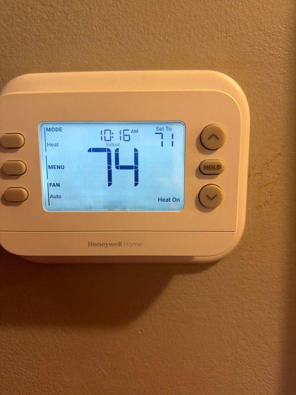 Conducted annual maintenance on residential heating system installed in 2025. Checked thermostat operation (Honeywell Home) which was set to 71°F in heat mode with system actively running at time of service. Temperature readings with UEi PDTCO pocket thermometer confirmed proper system operation at 55°F. Inspected and noted filter size as 16x25x5.