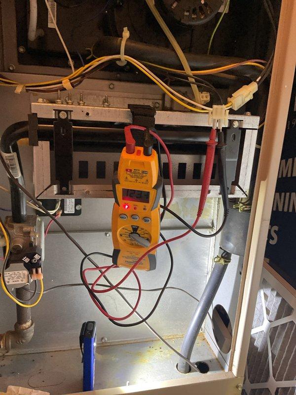 Diagnosed no heat issue on downstairs HVAC unit (10+ years old) with multimeter testing revealing electrical system malfunction. Inspected wiring harness connections and verified thermostat was functioning properly. Repaired faulty control board connection, restoring proper airflow and heat function while confirming system operation before completion.