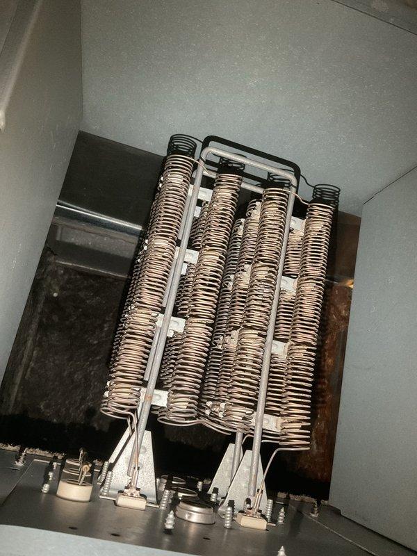 Responded to no-heat call for 5-year-old system with no airflow and unresponsive thermostat. Upon inspection, identified faulty electrical connection in the control panel causing system failure. Repaired wiring connections and verified heating elements were intact and operational. System now functioning properly with normal airflow and temperature control.