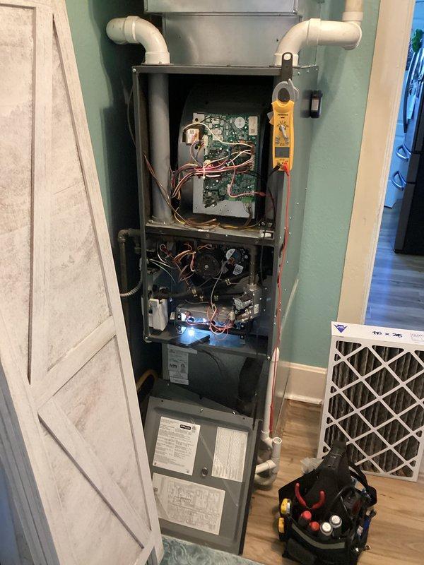 Completed planned maintenance on residential HVAC system. Replaced 16x25x5 air filter (first service in 4 years), inspected thermostat operation, and performed comprehensive furnace inspection including electrical components testing with multimeter. System is now operating within normal parameters.