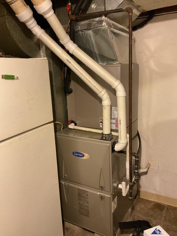 Performed scheduled Platinum Level maintenance on 12-year-old HVAC system, which included inspection of condensate pump assembly and Carrier furnace unit. Replaced 20x25x5 filter, verified proper operation of PVC exhaust ventilation system, and documented condition of all major components with photos. Customer due for service renewal; previous maintenance completed 7/2025.
