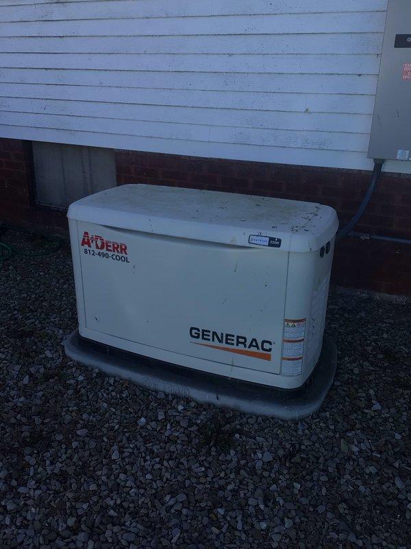Completed planned maintenance service on residential HVAC system and Generac backup generator. Inspected furnace unit with associated ductwork and drainage components in utility room, noting all connections are secure and properly insulated. Generator unit mounted on concrete pad shows normal weathering but remains in functional condition with electrical connections intact.