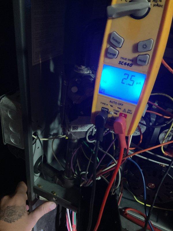 Completed Platinum Level maintenance service on a 4-year-old HVAC system. Replaced heavily soiled 16x25x2 filter and performed electrical diagnostics using Fieldpiece SC440 multimeter, confirming 2.5μA reading at the control board. This was the second annual visit; renewal is recommended.