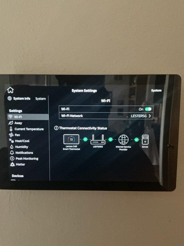 Completed quarterly maintenance visit on CFI system. Inspected gas valve assembly, verified proper electrical connections and wire harness integrity. Checked smart thermostat functionality, confirming proper Wi-Fi connectivity and system communication between the Climate IQ thermostat and HVAC equipment.