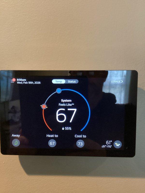 Performed scheduled annual maintenance on Lennox HVAC system (installed 11/18/25). Inspected condensate drain system, verified proper installation of PVC piping with no leaks or damage. Checked thermostat functionality - confirmed proper operation with heat set to 67°F and cooling to 73°F, humidity at 55%. This was the first maintenance visit of the current service agreement.