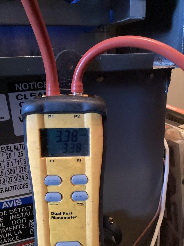 Performed annual planned maintenance on HVAC system (installed 8/8/25). Conducted temperature measurements with digital thermometer showing 26.5°C and verified system pressure readings of 338 on both P1 and P2 ports using dual port manometer. System is operating within manufacturer specifications with no filter replacements required at this time.