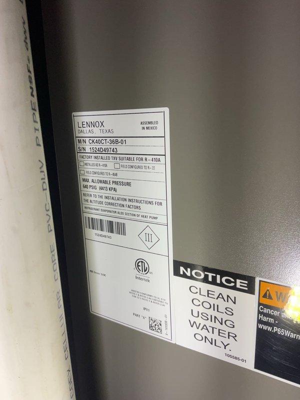 Performed annual maintenance on 1-year-old Lennox system (Model CK40CT-36B-01) as part of Platinum Level service plan. Inspected interior components including circuit board, motor assembly, and electrical connections - all found in normal working condition with no signs of damage or corrosion. Documented equipment specifications and confirmed proper R-410A refrigerant configuration.