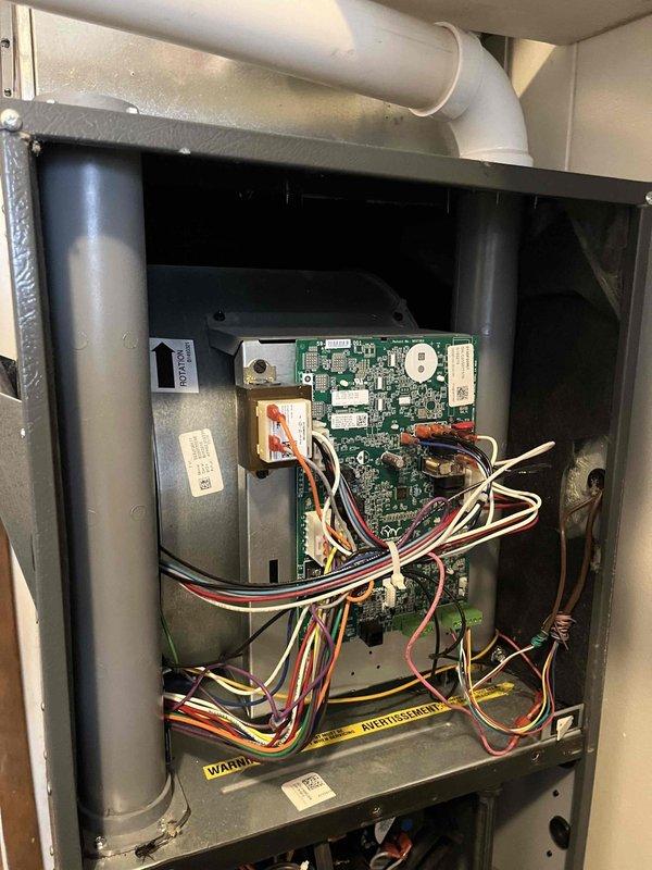 Diagnosed and repaired a 4-year-old furnace that was not staying lit and only providing partial heat. Inspection of the Honeywell ProSeries thermostat and control board revealed faulty connections that were preventing proper ignition sequence. Reconnected wiring to the circuit board, tested system through multiple heating cycles to confirm repair, and verified proper operation with heat maintaining at set temperature.