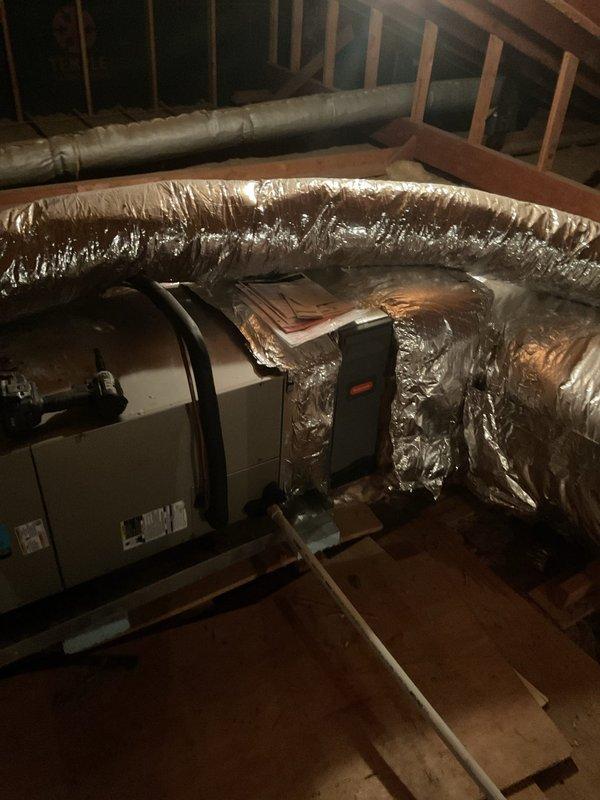 Performed annual Gold Level maintenance on a 10-11 year old HVAC system with mini-split in attic location. Conducted diagnostic testing with professional equipment on the air handler unit. Inspected ductwork and connections, noting the system has a 20x20x5 filter. No issues requiring immediate attention were identified during this first maintenance visit.