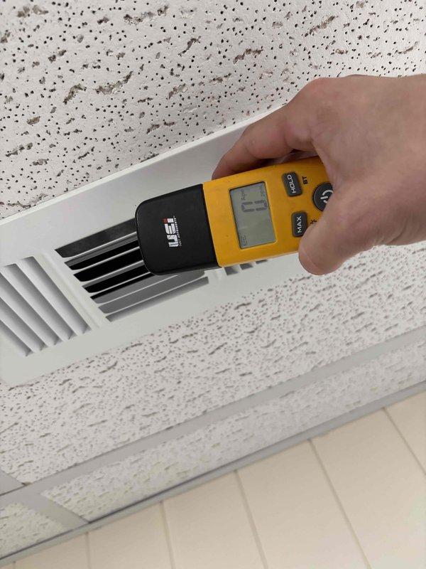 Completed Platinum Level maintenance on 6-year-old HVAC system with 16x25x5 filter. Performed airflow measurements at ceiling registers with UEi instrument, recording 25 CFM. Conducted temperature diagnostics on ductwork with readings of 69°F, confirming proper system operation.