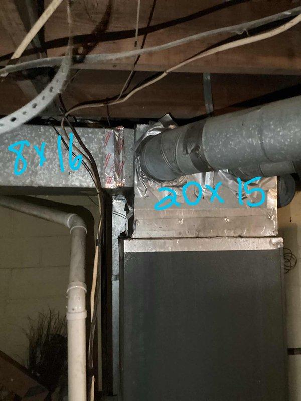 Performed comprehensive inspection of aging HVAC system showing significant copper line corrosion and oxidation at connection points. Documented deteriorated ductwork with improper insulation and noted measurements (20"x15" supply plenum) for replacement sizing. Recommended complete system replacement due to extensive corrosion damage and potential efficiency/safety concerns with current installation.