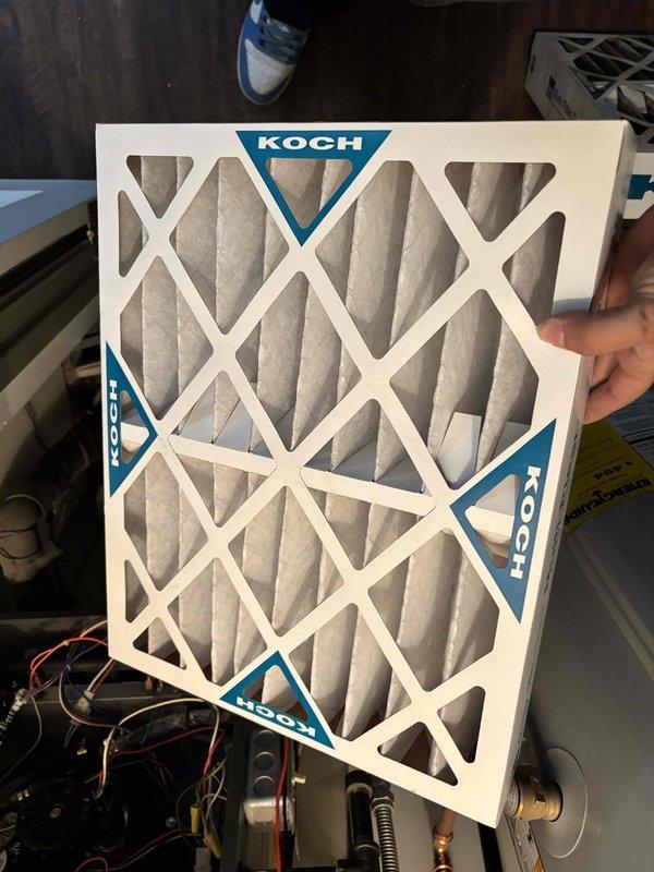 Performed planned maintenance service on 7-year-old HVAC system, replacing the Koch air filter as requested by customer. Inspected igniter assembly, confirming proper functionality and electrode condition. Customer was informed about maintenance plan options for future service.