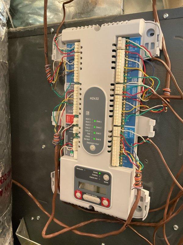 Completed monthly Platinum Level maintenance on 7-year-old HVAC system. Inspected and replaced dirty 20x25x5 air filter showing significant dust accumulation and discoloration. Verified proper operation of HZ432 zone control panel with all zone indicators functioning correctly and control connections secure.