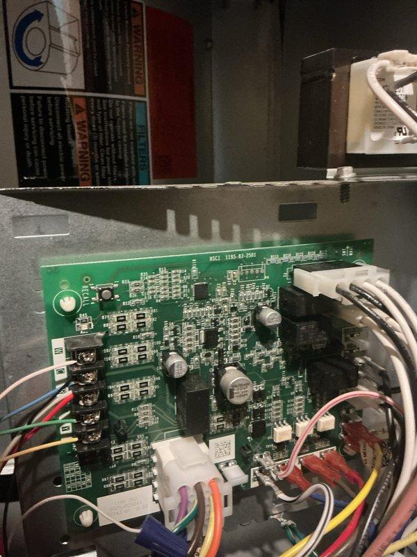 Completed quarterly preventative maintenance on HVAC system. Installed new 20x25x1 air filter during first scheduled maintenance visit. Inspected control board circuitry and electrical connections in air handler, confirming all components are properly functioning and secure.