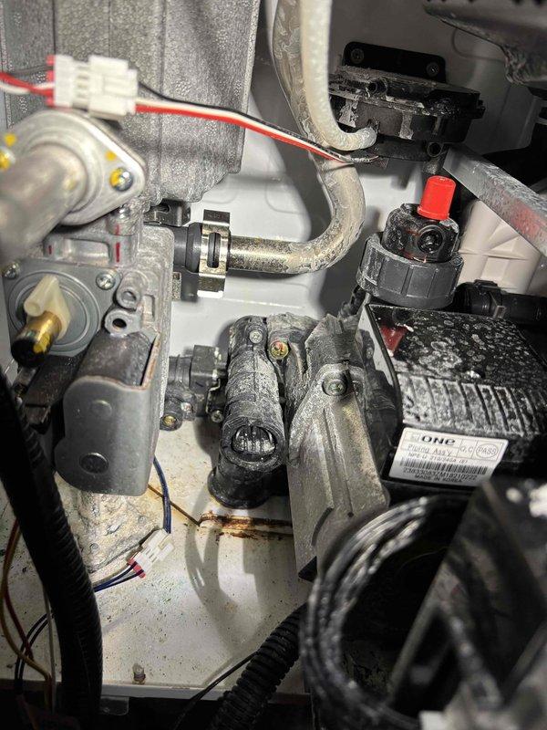 Successfully installed warranted part in customer's plumbing system, replacing faulty valve/sensor component that was showing signs of corrosion. Verified proper connection of electrical components and tested system functionality after installation, confirming resolution of the issue with all connections secure and operational.