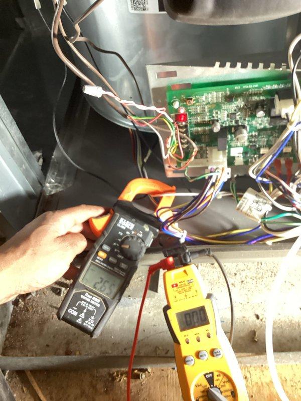 Completed annual platinum-level maintenance on 1-year-old HVAC system during second scheduled visit. Performed comprehensive electrical diagnostics using multimeter and clamp meter to verify proper voltage readings and amperage draw (23.5A), with particular focus on circuit board functionality and connection integrity. Replaced air filter, renewed service agreement, and collected necessary documentation.