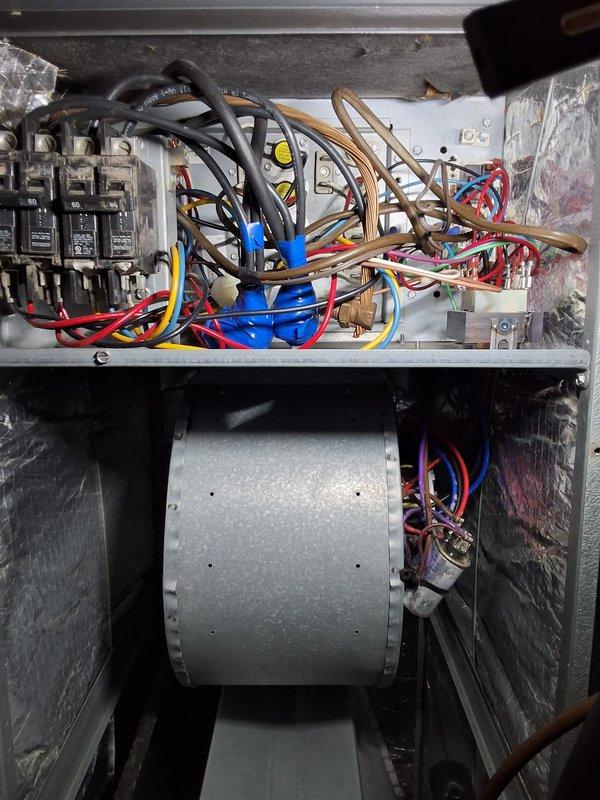 Completed first annual maintenance visit on Gold Level service plan for an 8-year-old HVAC system. Inspected electrical connections in control panel, checked wiring integrity, and examined blower motor assembly. Replaced 16x20x1 air filter and documented system condition with photos of internal components for service records. Next scheduled maintenance due 9/2025.