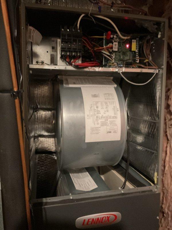 Completed Platinum Level maintenance service on Lennox HVAC system. Inspected interior components including blower motor assembly, circuit board connections, and electrical wiring, confirming proper operation with all indicator lights functioning normally. Examined exterior condensing unit, verified refrigerant lines were intact with no leaks, and confirmed proper drainage despite recent moisture.