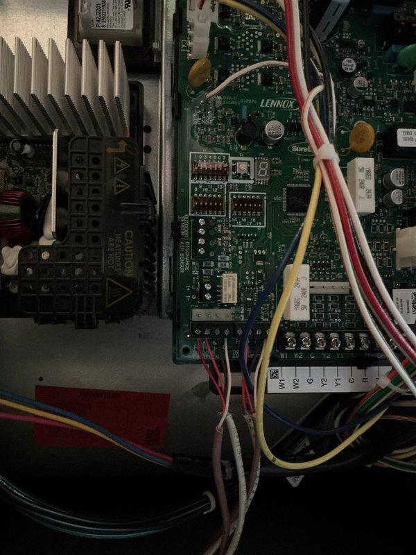 Performed scheduled 3-month maintenance service on NSSU unit. Inspected Lennox control board and verified proper connections of thermostat wiring terminals (W1, W2, Y1, Y2). All electronic components including circuit board, heat sink, and wire connections were found in normal working condition with no signs of damage or corrosion.