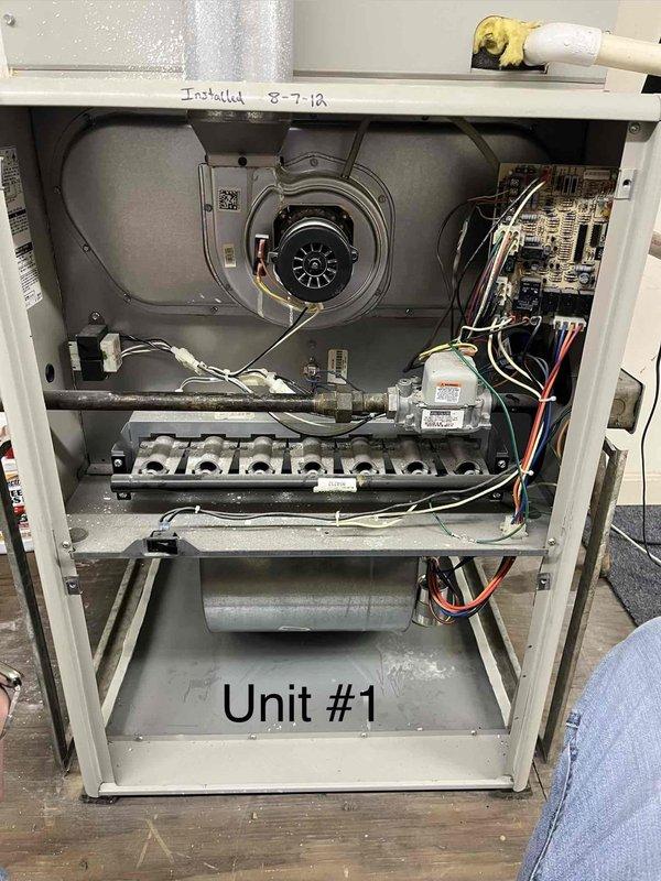 Completed planned maintenance on Gold Level home with three systems. Inspected Unit #1 (installed 8-7-18) and Unit #2, verified proper operation with thermostat reading 61°F with heat functioning. All systems received standard filter replacement and operational checks as part of the second annual visit; renewal recommended.