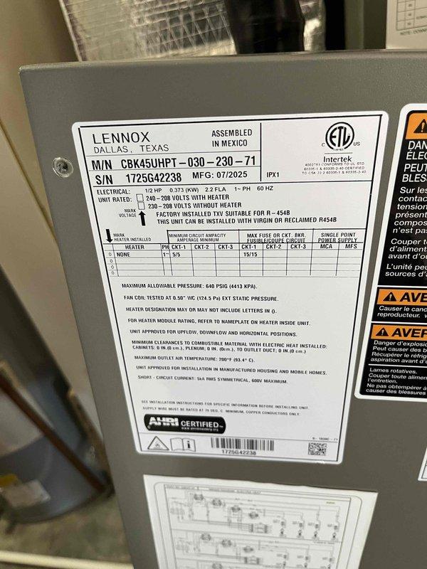 Successfully installed a new Lennox CBK45UHPT-030-230-71 full system with R-454B refrigerant compatibility. Verified proper wiring connections to control board and confirmed all electrical components are functioning correctly. Completed system startup and testing with all operations meeting manufacturer specifications.