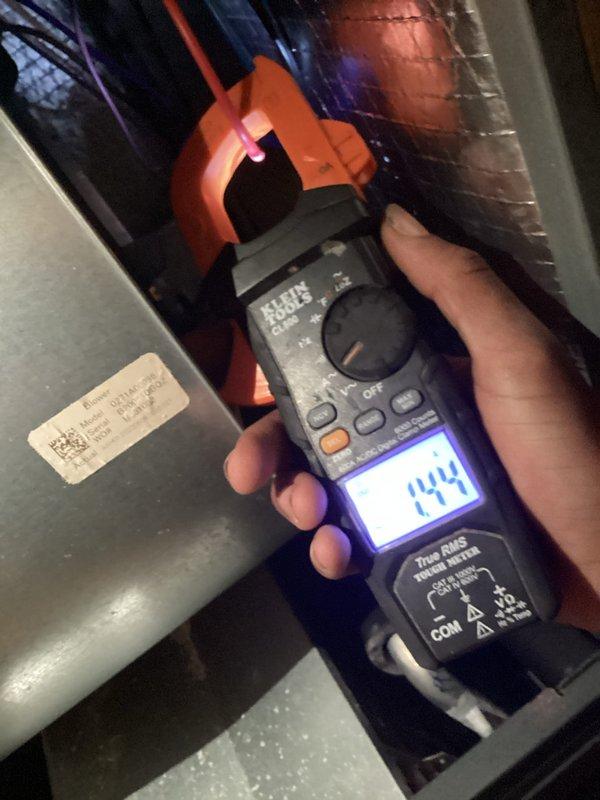 Completed annual maintenance on 5-year-old Goodman HVAC system (second visit of the year). Replaced 20x20x5 filter, performed electrical testing with clamp meter showing 144V reading, and inspected outdoor condenser unit. System is functioning properly and service agreement has been renewed for continued maintenance coverage.