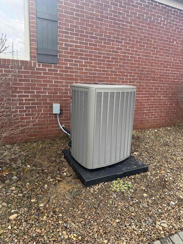 Successfully installed a new Lennox HVAC complete system, consisting of an outdoor condensing unit mounted on a proper pad against the exterior brick wall and an indoor furnace unit positioned in the utility closet. All components were properly connected with appropriate ductwork, electrical connections, and refrigerant lines, ensuring optimal system performance and efficiency.