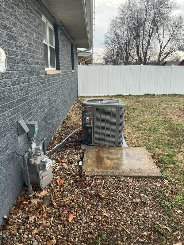 Performed scheduled single maintenance on relatively new HVAC system (6 months old). Inspected outdoor condenser unit, electrical connections, and condensate drain system with PVC piping. Replaced air filters and verified proper system operation during this first annual maintenance visit.