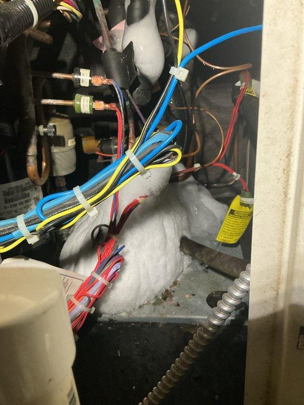 Performed routine Gold Level maintenance on two HVAC systems (both approximately 13 years old) during our 21st scheduled visit. Replaced filters (28x36x1 and 20x25x5) and documented significant frost/ice accumulation on evaporator coils and refrigerant lines in one unit. Recommended immediate follow-up service to address refrigerant flow issues and potential restriction in the system before component damage occurs.