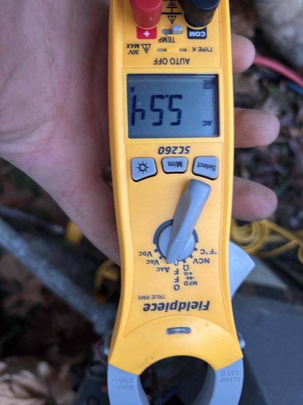 Conducted scheduled platinum-level monthly maintenance on system, including inspection of electrical components with readings taken using Fieldpiece SC260 multimeter showing values of 44.1 and 455. Noted filter size 16x20x5 requires replacement per 6-year maintenance schedule, with part currently on order to complete service at follow-up visit.