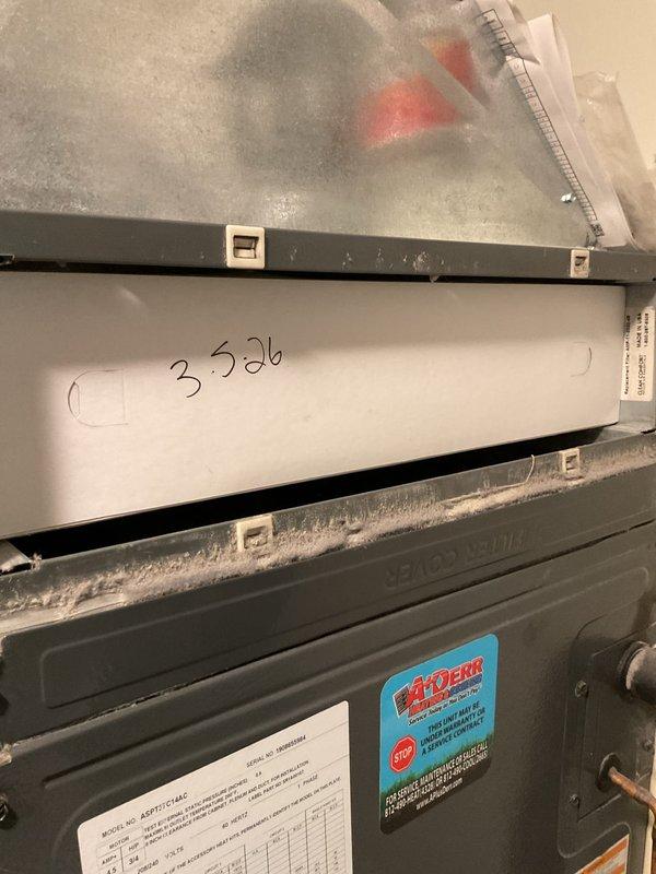 Completed platinum level maintenance on 6-year-old HVAC system (second annual visit). Replaced 20x20x5 filter, inspected internal components including air handler and ductwork connections, and documented system condition with photos. System is functioning properly with some normal dust accumulation; renewal recommended.