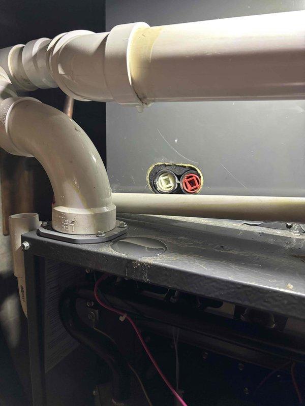 Completed platinum level maintenance on a 7-year-old system with 20x25x5 filter. Inspected condensate drain lines and connections for proper drainage. Temperature differential readings were taken with digital meter, confirming system is operating within specifications.