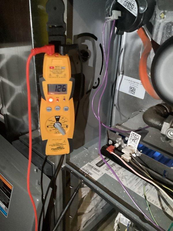 Performed monthly platinum level maintenance service on 2-year-old system with 16x25x4 filter. Conducted electrical diagnostics with multimeter showing 126V at terminals and pressure testing showing readings of 95/179. Completed full system inspection with all parameters within acceptable ranges.