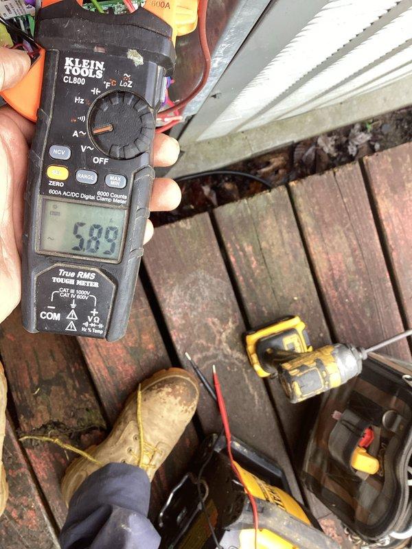 Completed Platinum Level maintenance on 6-year-old system with 20x20x5 filter. Performed electrical diagnostics using clamp meter, recording 58.8 amps on primary circuit. Secondary temperature readings measured at 41.1°F, confirming system is operating within manufacturer specifications.