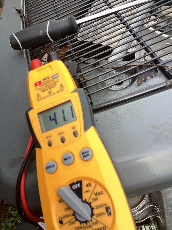 Completed Platinum Level maintenance on 6-year-old system with 20x20x5 filter. Performed electrical diagnostics using clamp meter, recording 58.8 amps on primary circuit. Secondary temperature readings measured at 41.1°F, confirming system is operating within manufacturer specifications.