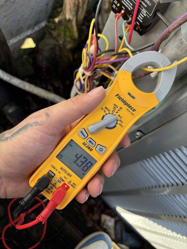 Performed monthly platinum level maintenance on system. Conducted temperature measurements with digital probe showing 43.9°F at evaporator coil. Verified electrical parameters with clamp meter reading 13.8 amps, confirming system is operating within specifications. Replaced 16x20x5 filter as part of scheduled maintenance.
