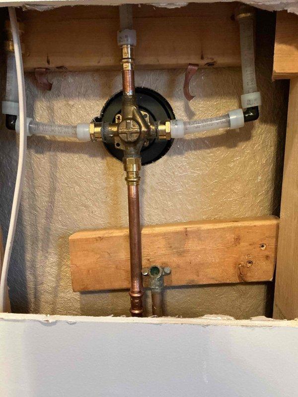 Successfully removed wall behind shower stall to access plumbing, then replaced the existing shower valve assembly with new components. Installed new matte black shower trim kit including valve control with lever handle and matching bathtub spout, completing the fixture upgrade with proper connections to the existing copper supply lines.