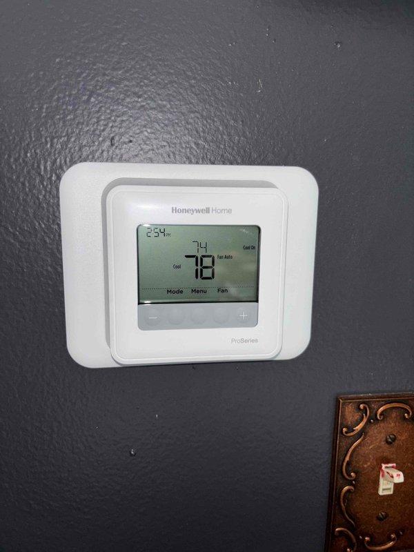 Completed annual platinum maintenance service on 1-year-old system. Replaced KOCH air filter and inspected Honeywell ProSeries thermostat, confirming proper operation with temperature at 78°F and 24% humidity. System is functioning within specifications following comprehensive maintenance protocol.