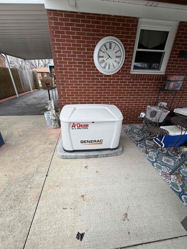 Successfully installed an 18 KW Generac standby generator on a concrete pad adjacent to the client's residence. Unit was properly positioned and secured on the exterior patio area, with all connections made according to manufacturer specifications. Generator was sold by Brookman in Owensboro.