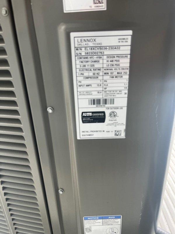 Performed monthly platinum-level maintenance service on a 2-year-old Lennox HVAC system. Replaced 20x20x5 filter according to maintenance schedule. Visual inspection of the roof-mounted outdoor condenser unit confirmed proper installation on concrete pad with no visible damage or abnormal conditions; unit specifications and performance parameters were documented with photos for service record.