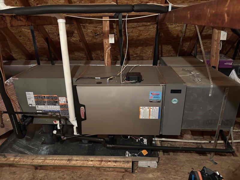 Completed annual maintenance on a residential HVAC system (installed 4/3/25). Conducted thorough inspection of attic-mounted air handler, replaced 20x25x5 filters, and verified temperature differential reading of 130°. System is functioning properly; customer renewed service agreement for continued maintenance.