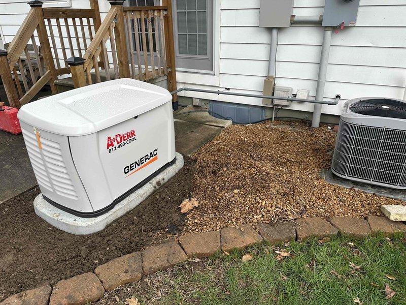 Successfully installed an 18kW Generac standby generator on a concrete pad adjacent to the existing HVAC equipment. Generator was properly mounted, connected to gas supply, and all electrical connections were completed with verification of proper flame combustion during operational testing.