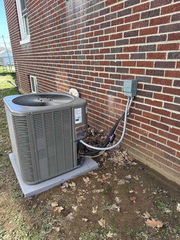 Successfully installed a new 2.5-ton 15.5 SEER 97% efficiency complete HVAC system. Unit was properly mounted on a concrete pad adjacent to the brick exterior wall with appropriate electrical connections established via the disconnect box. System was tested for proper operation and all installation debris was removed from the work area.