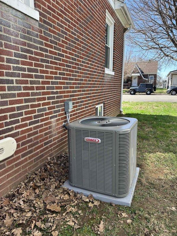 Successfully installed a new 2.5-ton 15.5 SEER 97% efficiency complete HVAC system. Unit was properly mounted on a concrete pad adjacent to the brick exterior wall with appropriate electrical connections established via the disconnect box. System was tested for proper operation and all installation debris was removed from the work area.